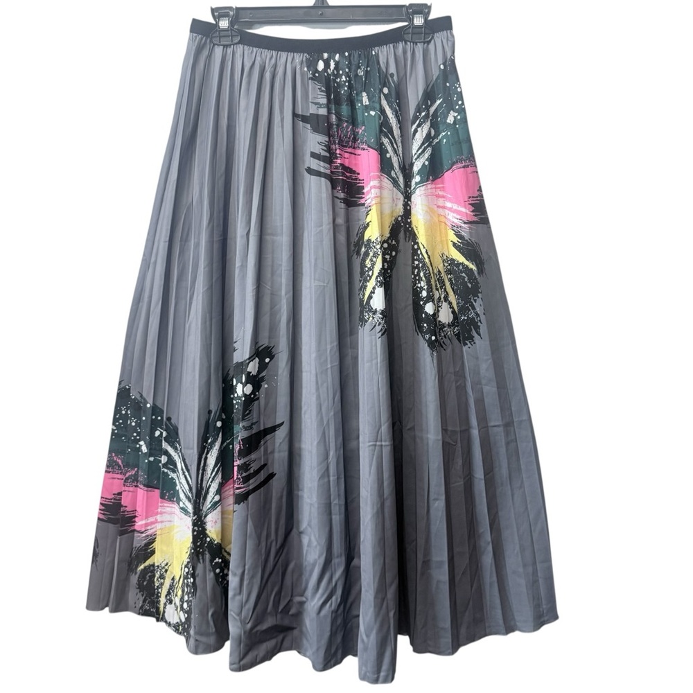 Pleated Long Skirt Gray Abstract Butterfly Print Elastic Waist Flowy